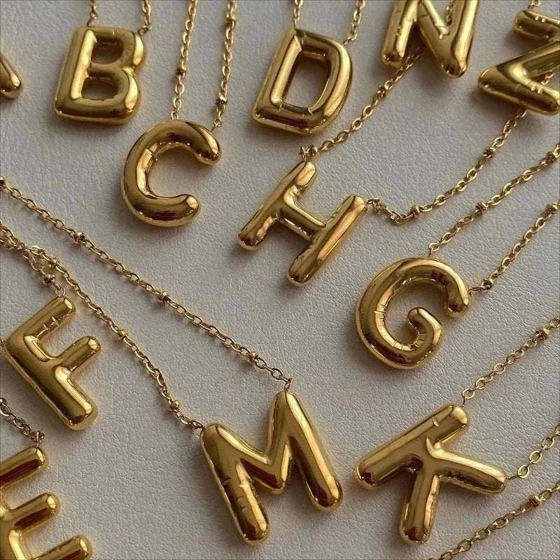 Bubble Letter Initial Necklace  Smooth  Stainless  Steel Golden/Silver