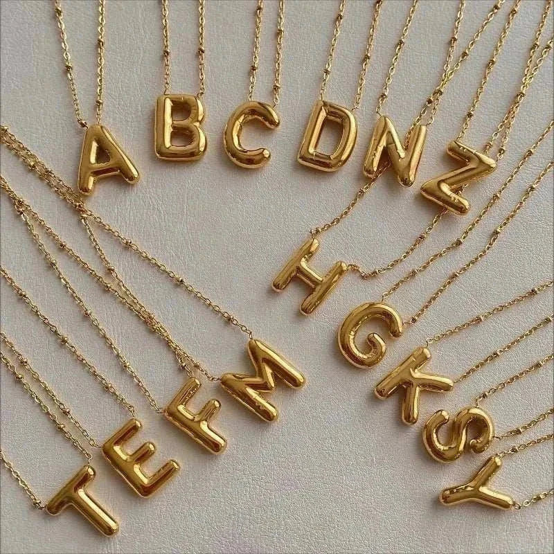 Bubble Letter Initial Necklace  Smooth  Stainless  Steel Golden/Silver