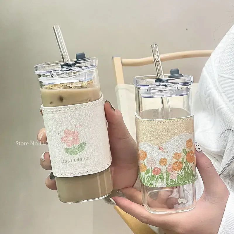 Square Heat Resistant Transparent Tulip Glass Cup with Lip and Straw  Milk Tea Coffee Cup Mugs Home Bar Drinkware Couple Gifts