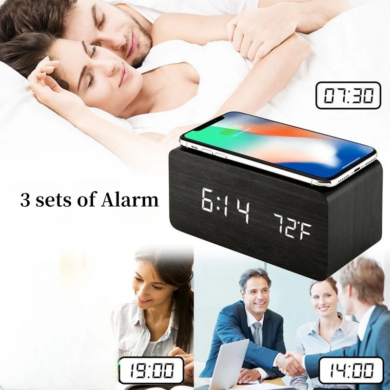 Voice Control Wooden Digital Alarm Clock Wireless Charging Temperature Date Night Mode Table Clock 3 Alarm 12/24H LED Clock