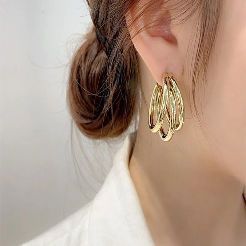 Gold Dangle Earrings three-Layered - Trendy C-Shaped Hollow Tube 2024 