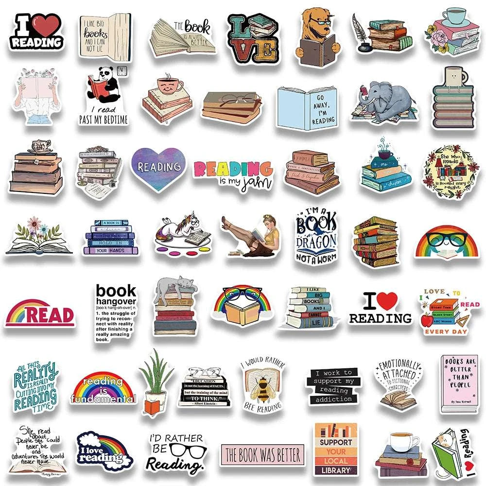 Cute Cartoon Reading Books Stickers (50/100pcs) - Waterproof Decals for Luggage, Laptop, Guitar, Phone, Bicycle, Car