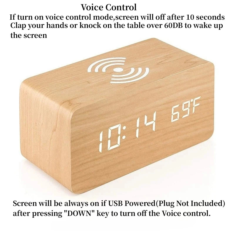 Voice Control Wooden Digital Alarm Clock Wireless Charging Temperature Date Night Mode Table Clock 3 Alarm 12/24H LED Clock