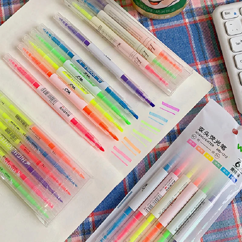 3/6Pcs/Set Double Head Fluorescent Highlighter Pen Markers Pastel Drawing Pen for Student School Office Supplies Cute Stationery