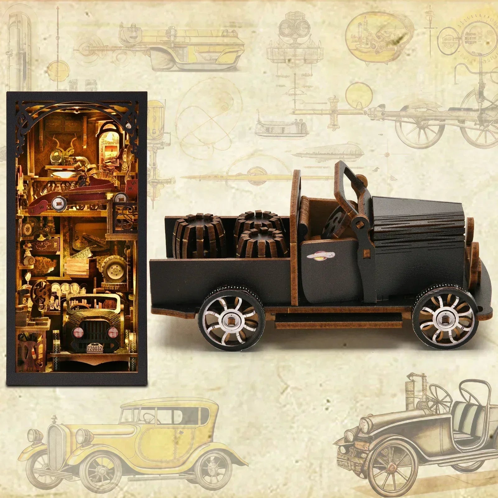 DIY Book Nook Kit, Vintage Wooden Classic Car 3D  Book Nook,  Creative