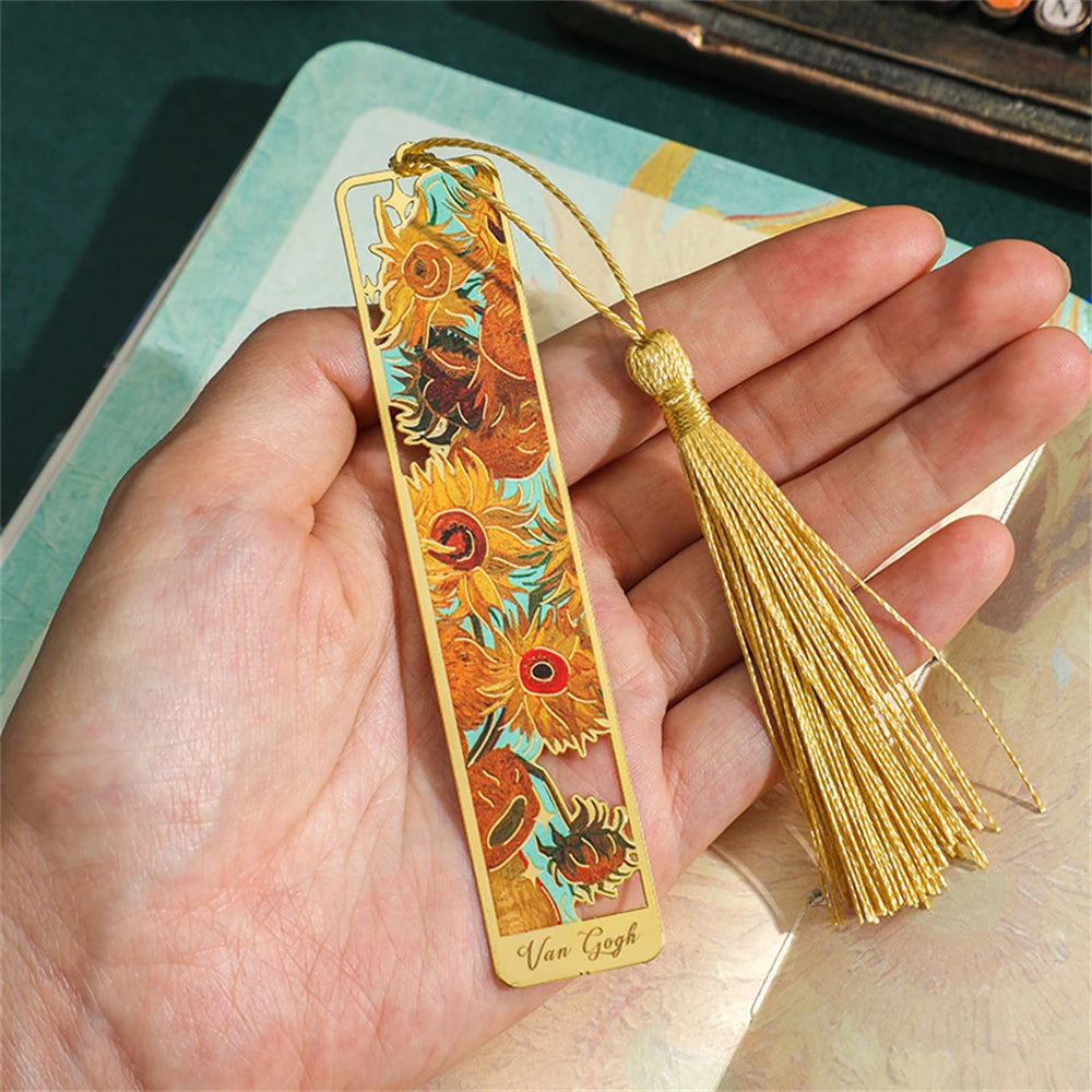 Metal Sunflower Hollow Bookmark Chinese Style Creative Painted Book Holder Tassel Pendant Kids Stationery School Office Supplies