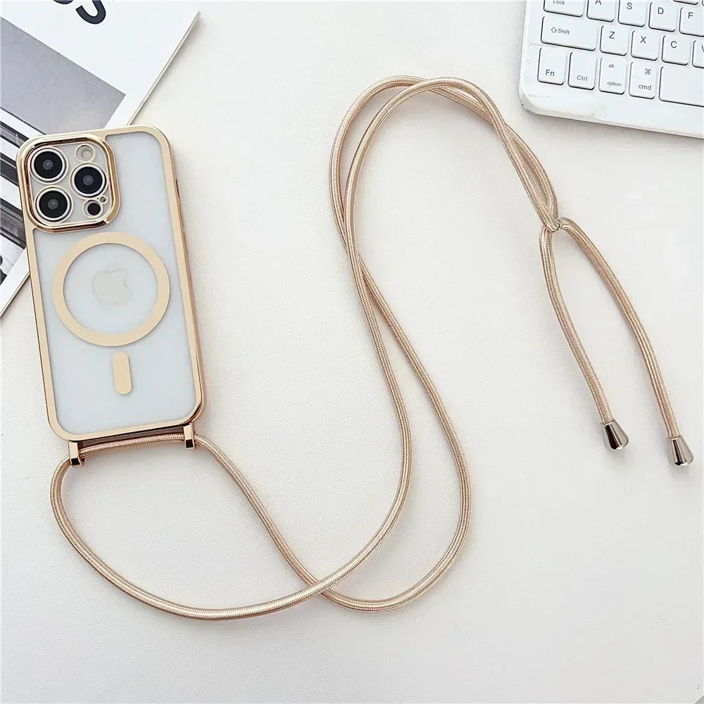Crossboby Lanyard Plating Clear Phone Case For iPhone 15 14 13 12 Pro Max 11 For Magsafe Magnetic Necklace Cord Rope Strap Cover