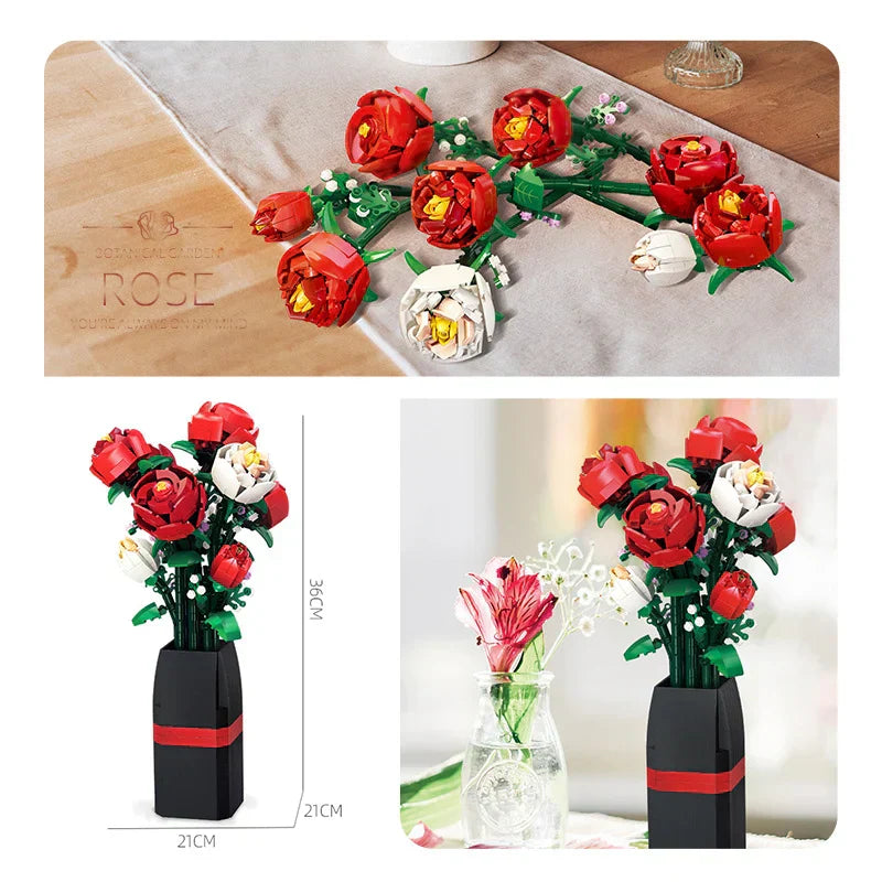 Ideal gift for Valentine’s Day creative Moc Red Rose Vase Plants