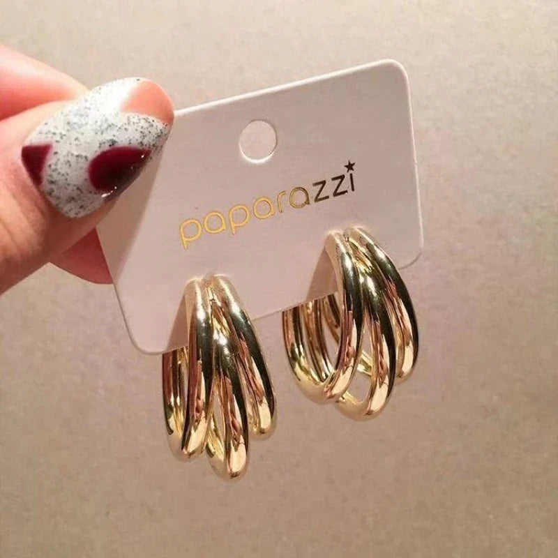 Gold Dangle Earrings three-Layered - Trendy C-Shaped Hollow Tube 2024 