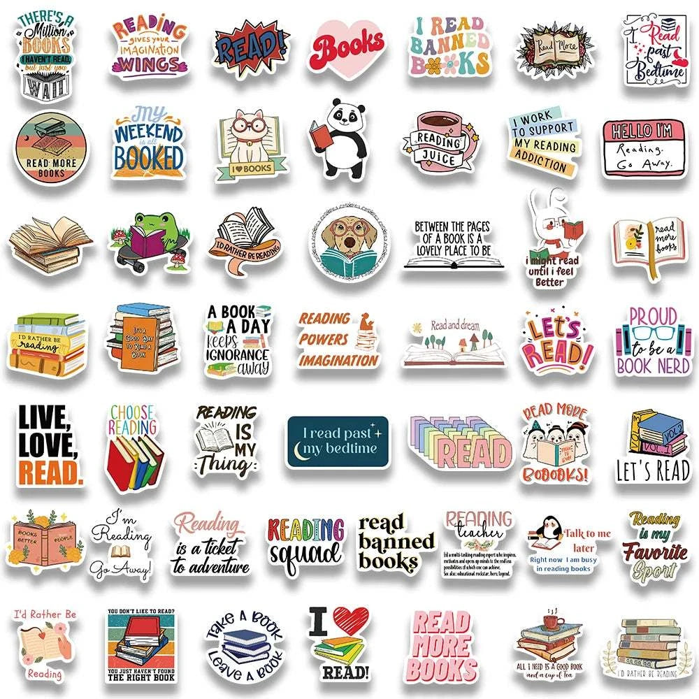 Cute Cartoon Reading Books Stickers (50/100pcs) - Waterproof Decals for Luggage, Laptop, Guitar, Phone, Bicycle, Car