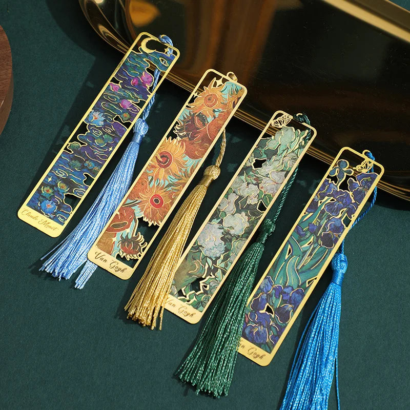Metal Sunflower Hollow Bookmark Chinese Retro Painted Book Holder Tassel Pendant Kid Stationery Book Clip School Office Supplies