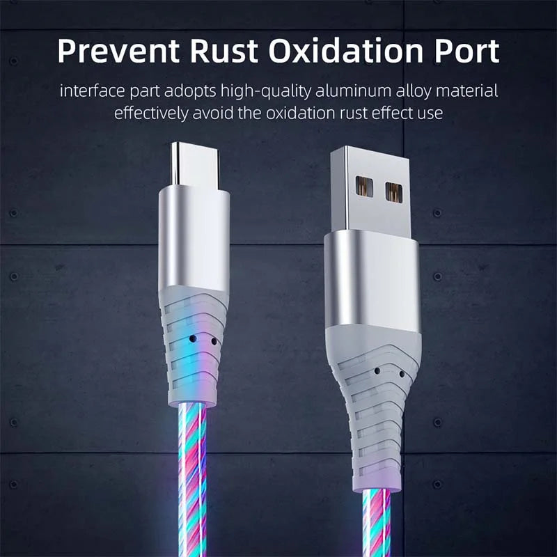 Flow Luminous USB Type C Cable 3A Fast Charging Data Cord for Samsung Xiaomi OPPO Huawei IPhone Charger Micro USB Wire LED Cable