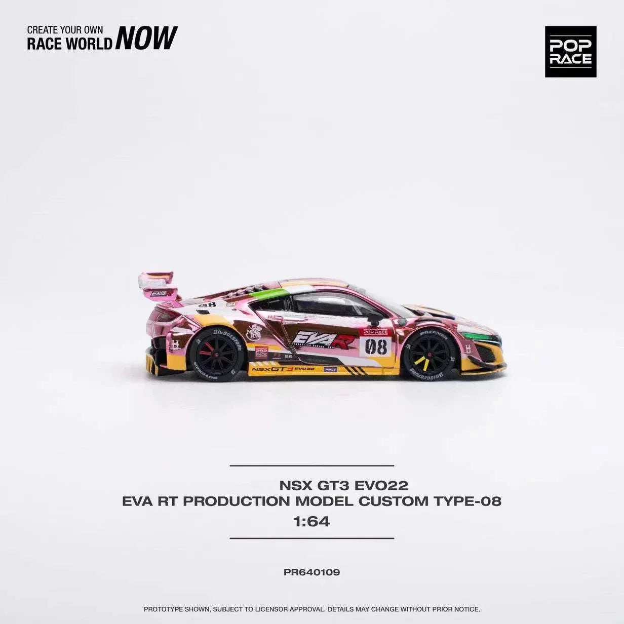 Nascar Diecast car NSX GT EVO R EVA PinkYellow, 1:64 POP  Race  Model