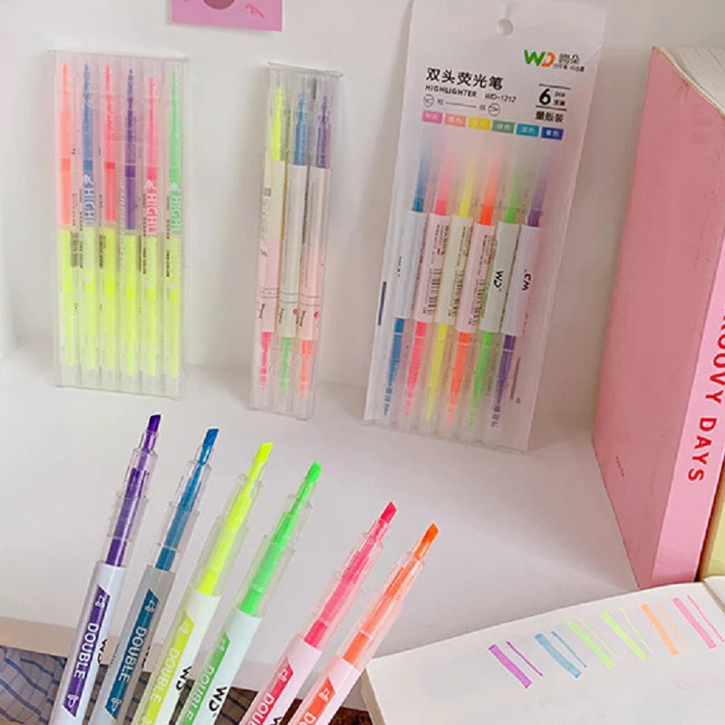 3/6Pcs/Set Double Head Fluorescent Highlighter Pen Markers Pastel Drawing Pen for Student School Office Supplies Cute Stationery