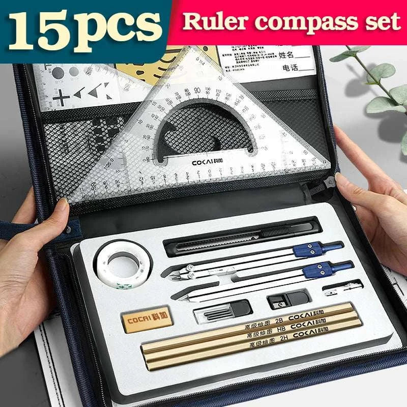  Geometry Set  15-in-1 - Professional Compass Ruler Stationery 