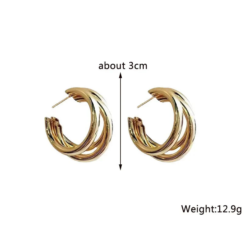 Gold Dangle Earrings three-Layered - Trendy C-Shaped Hollow Tube 2024 