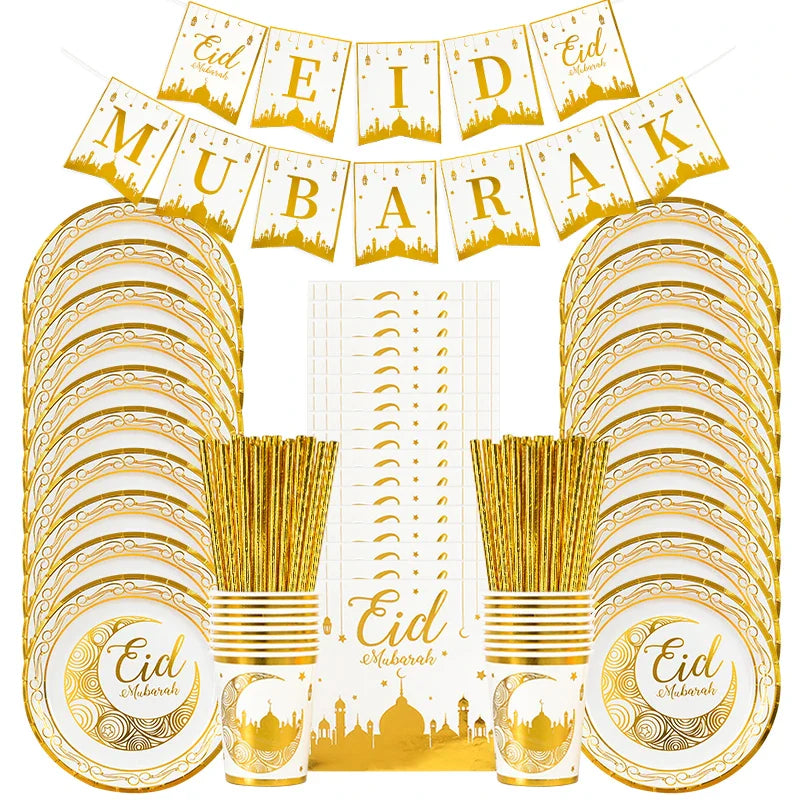 Tableware Set Eid Mubarak - Gold Plates, Cups, Banners, Gift Bags 2024