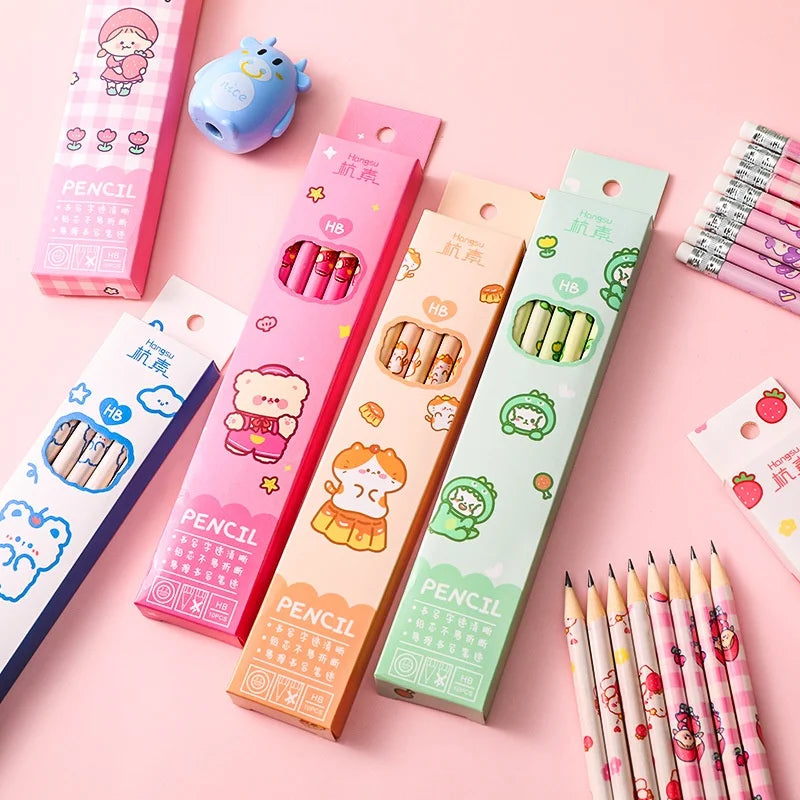 10Pcs/Box Wooden Lead Pencils Cute Kawaii Cartoon HB Pencil Sketch Drawing Stationery Student School Office Supplies for Kids