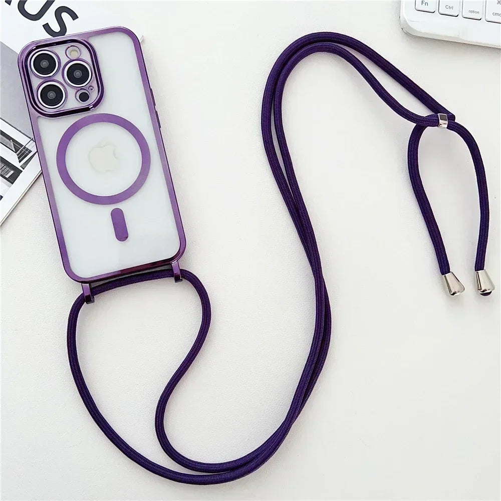 4Crossboby Lanyard Plating Clear Phone Case For iPhone 15 14 13 12 Pro Max 11 For Magsafe Magnetic Necklace Cord Rope Strap Cover