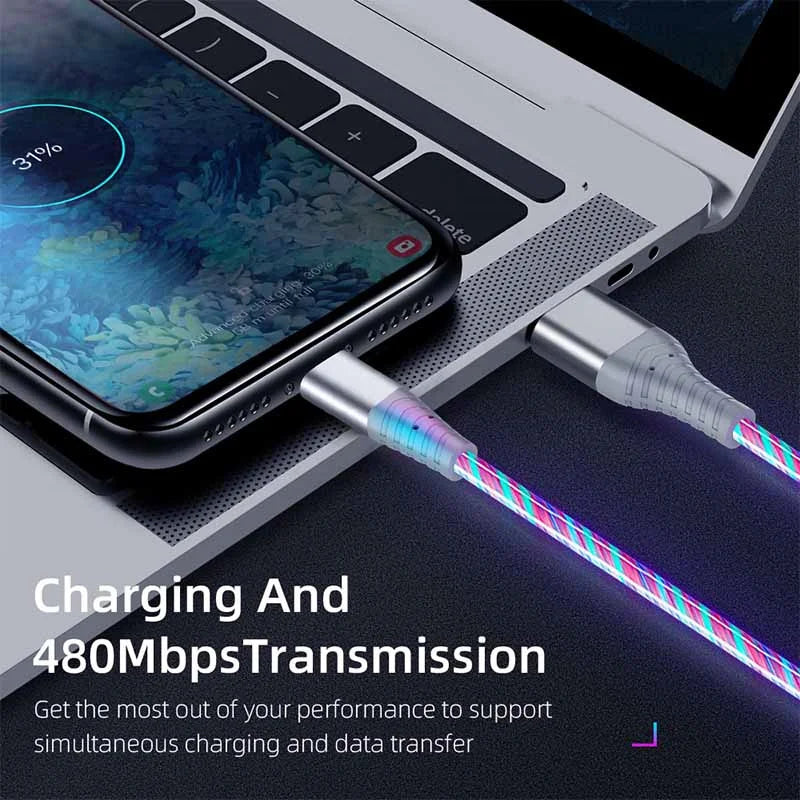 Flow Luminous USB Type C Cable 3A Fast Charging Data Cord for Samsung Xiaomi OPPO Huawei IPhone Charger Micro USB Wire LED Cable