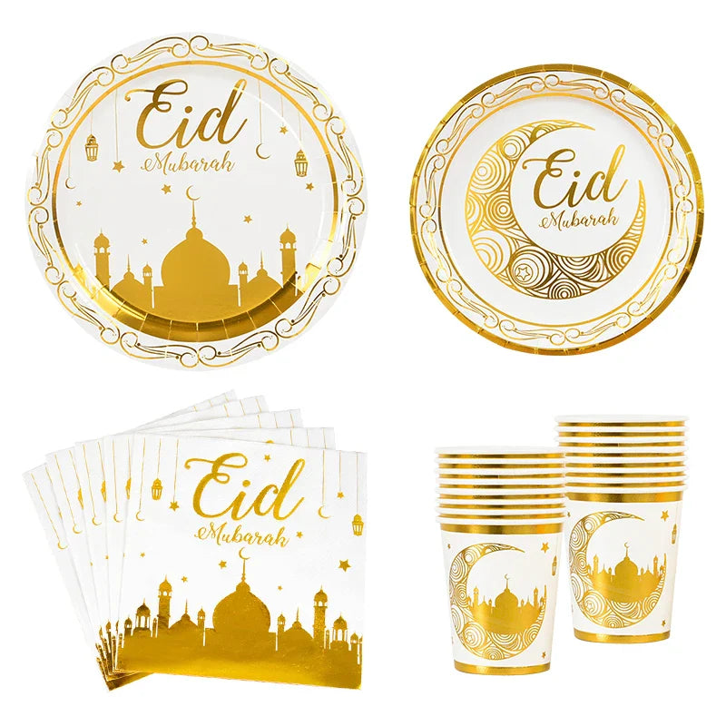 Tableware Set Eid Mubarak - Gold Plates, Cups, Banners, Gift Bags 2024